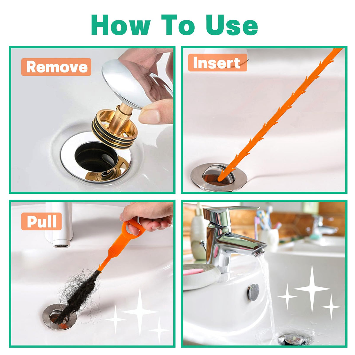 Drain Snake Hair Drain Clog Remover - 4 Pack Shower Snake Sink Unclogger Tool with Exquisite Packaging (Orange)
