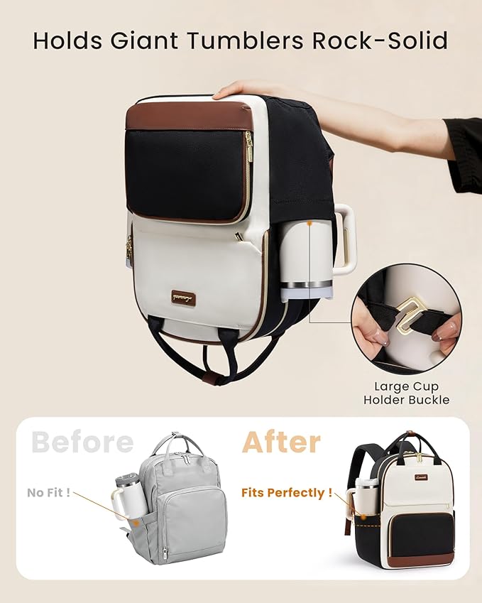 LOVEVOOK Laptop Backpack for Women with Giant Tumbler Holder Pocket, 17 inch Large Travel Work Backpack Purse for Teacher Nurse, Waterproof College Book Bag Cute Casual Daypack, Beige-Black-Brown
