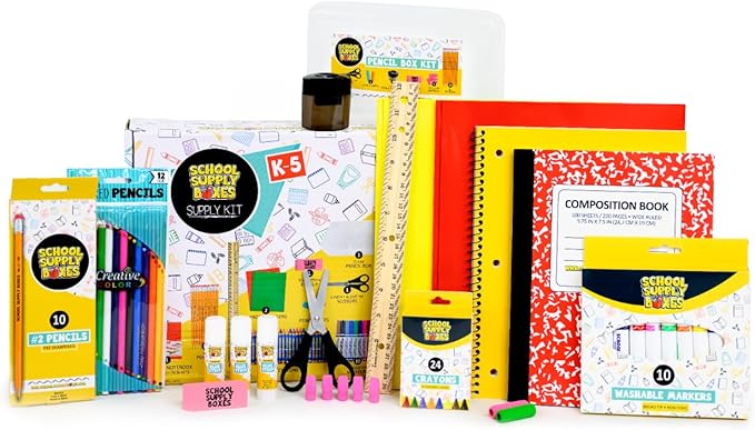School Supply Boxes | K-5 Bundle (1 Box) | Back to School Essentials Kit for Students & Teachers | Includes Wide-Ruled Paper Products, Crayons, Markers, Colored Pencils, & More