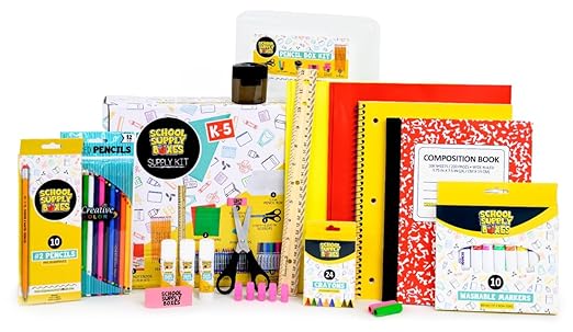 Back to School Supply Box (Case - 4 Boxes) - Grades K-5 Back to School Supplies - 32 Piece Kit Includes Markers, Crayons, Pencils, Scissors, Folders, Glue Sticks, Notebook, and Composition Book