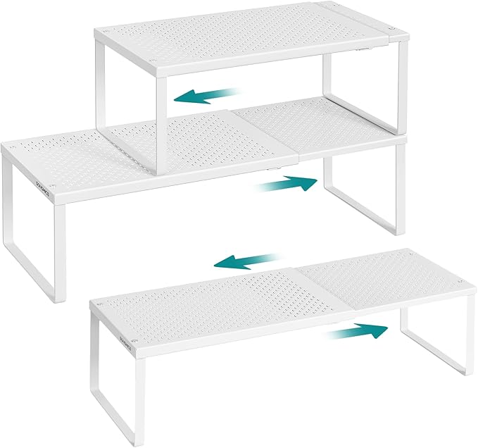 SONGMICS Spice Racks, Set of 3 Expandable Kitchen Countertop Shelves, Small Cupboard Organizers, Metal, Space-Saving Tabletop Shelves, Matte White UKCS403WC01