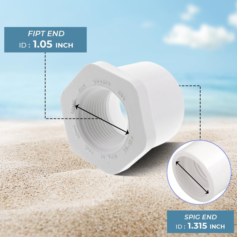 PVC Sch 40 Reducing Bushing Flush Style SPIG x FIPT Solvent Weld x Threaded, White, 1" x 3/4", Plumbing Pipe Connector Pressure Fitting