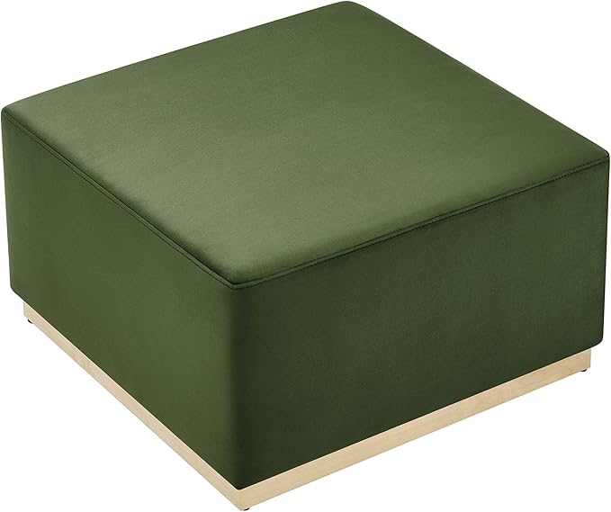 Modway Tilden 28 Inch Square Performance Velvet Upholstered Ottoman in Moss Green Natural - Large Ottoman Foot Rest with Rubberwood Plinth Base, Living Room Ottoman Coffee Table - Velvet Ottoman Table