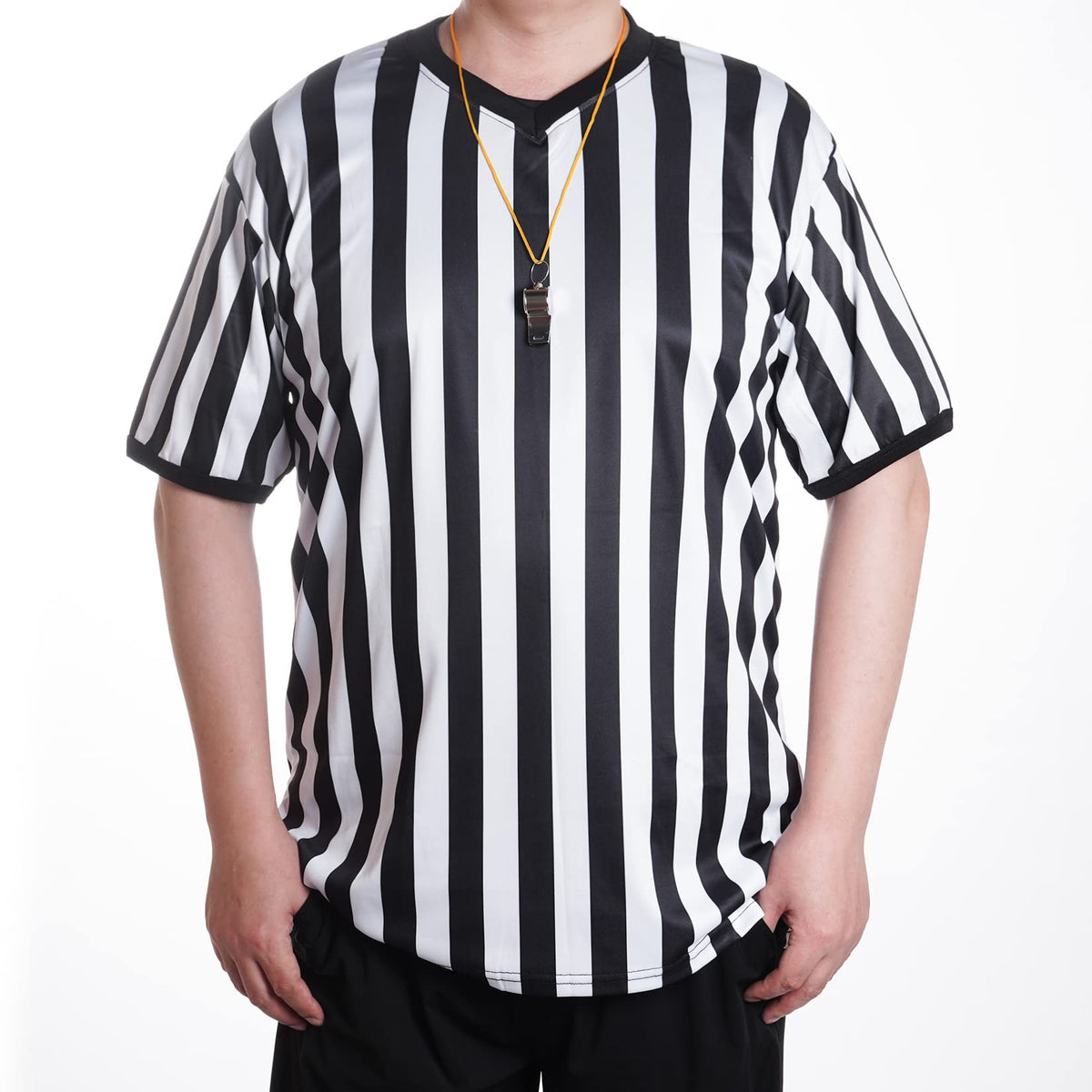 obmwang Referee Shirt for Womens and Mens, Black and White Stripe Umpire Jersey V Neck Ref Uniform for Football Halloween