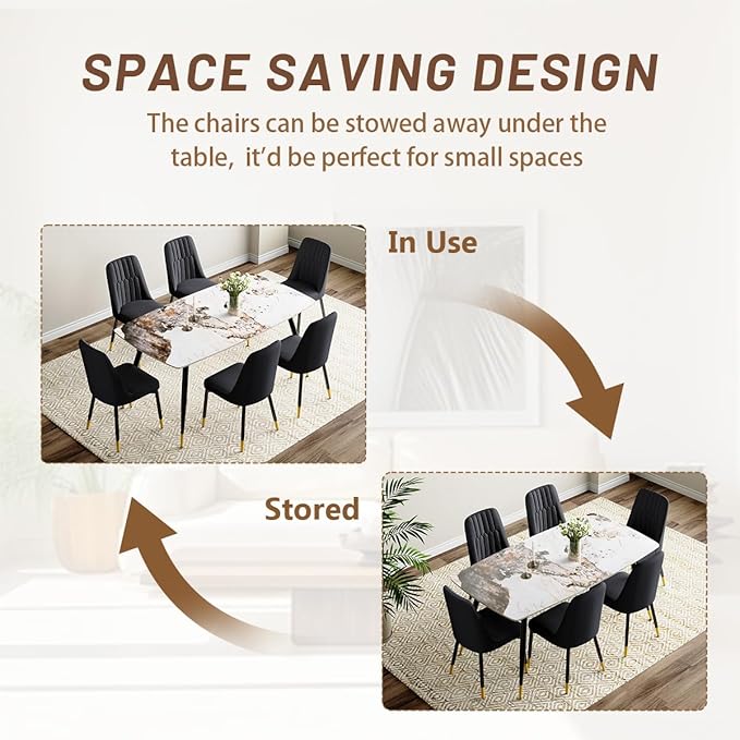 6 Person Dining Table Set, Sintered Stone Dining Table Set for 6, Kitchen Table Chairs Set of 6, Easy to Assemble