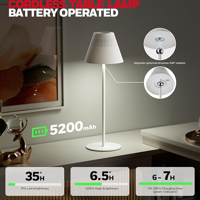 Honeywell M1 Cordless Small Table Lamp Rechargeable, 5200mAh Battery Operated LED Table Lamp, 4 Color 9RGB Stepless Dimmable Touch Control Night Light for Bedroom Restaurant Bedside (1, White)
