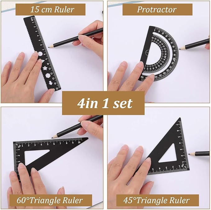 4 Pcs Triangular Ruler Set Metal Geometry Set Aluminum Alloy Ruler Math Drafting Rulers Kit- Aluminum Triangle Rulers Geometric Protractor for School Student Teacher Architects Engineers