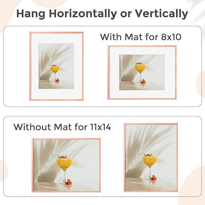 11x14 Picture Frame - 11 by 14 Metal Picture Frame With Mat For 8x10 | 14x11 Frame Aluminum | Plexiglass And Hanging Hardware Included | 11x14 Poster Frame | Rose Gold
