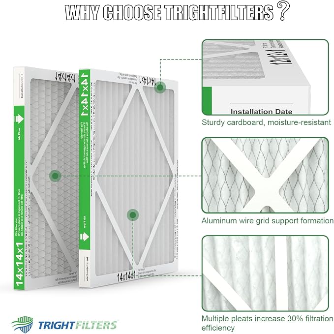 14x14x1 Air Filter 6 Pack, Durable MERV 8 Pleated Home HVAC AC Furnace Filters