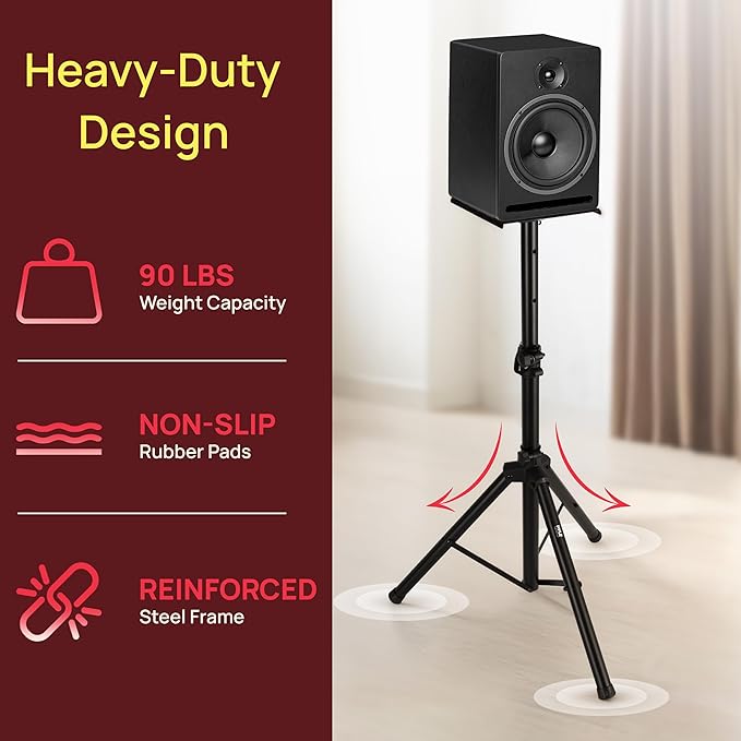 Pyle Adjustable Speaker Stand Pair – Dual Studio Monitor Tripod with Metal Base, Anti-Slip Speaker Pads, Height Adjustment from 34” to 53” – Ideal for Home, Studio, and DJ Use, 90 lbs Weight Capacity