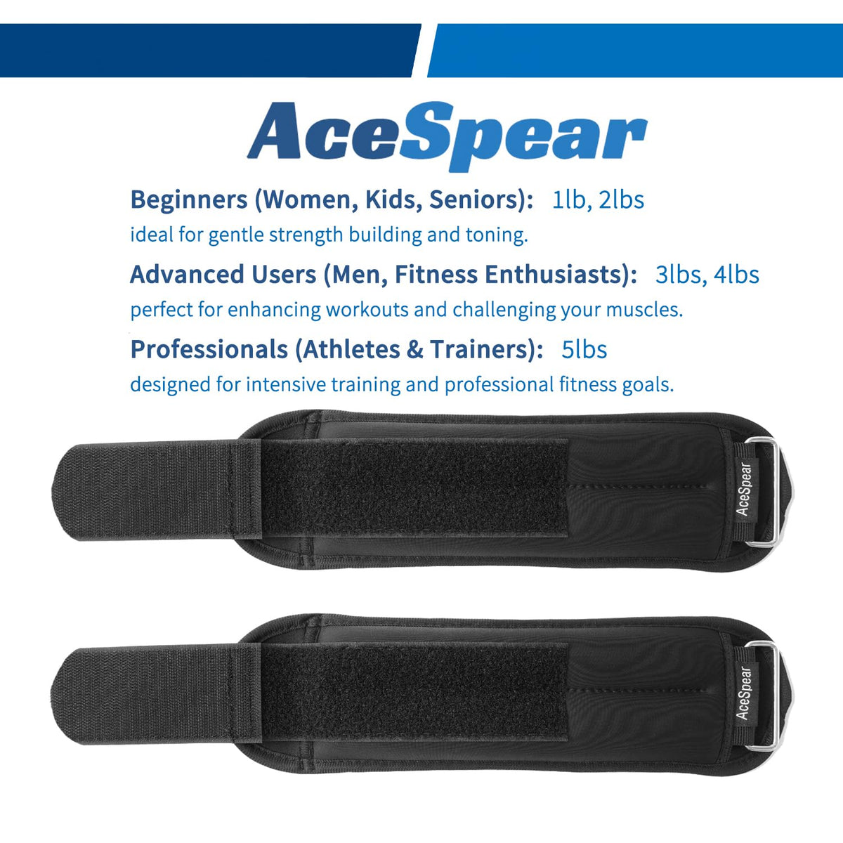 AceSpear Ankle Weights Sets for Men Women Kids 1lb 2lb 3lb 4lb 5lb Leg Weights Arm Wrist Weights Gym for Foot Exercise Training Workout Walking Jogging Yoga (Black, 1 lb x 2)