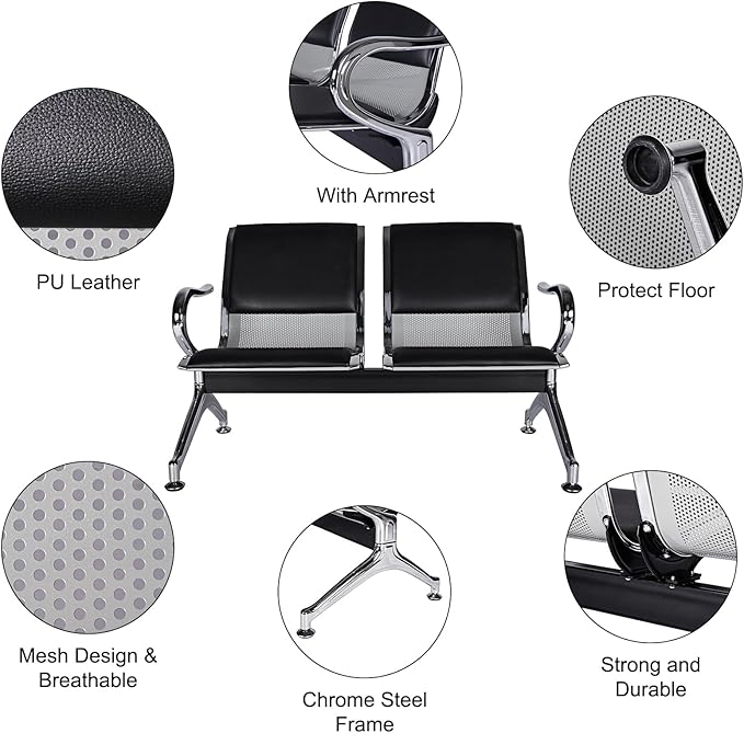 Kinfant 7-Seat Waiting Room Chairs Set - 3 Pieces PU Leather Office Guest Reception Chair Furniture Bench with Armrest for Waiting Area, Airport, Hospital, Bank, Salon, Barbershop, Black