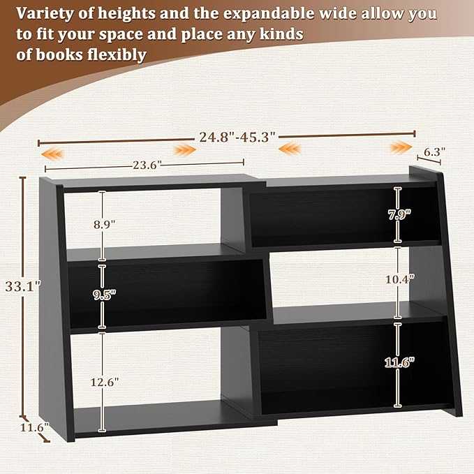 Armocity Book Shelf - Small Expandable Ladder Shelf, Short Corner Bookshelf for Small Spaces, 4 Tier Wood Narrow Bookcase, for Living Room, Bedroom, Entryway, Black