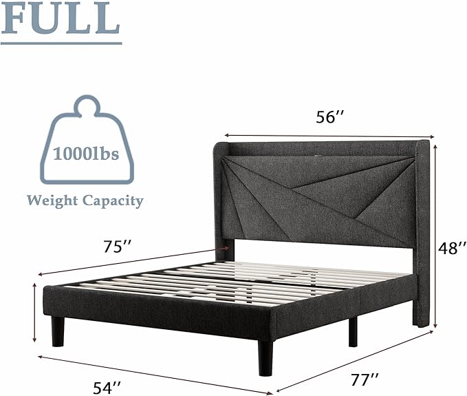 Feonase Full Bed Frame with Charging Station, Linen Upholstered Platform Bedframe with Wingback Headboard, Solid Wood Slats Support, No Box Spring Needed, Noise Free, Dark Grey