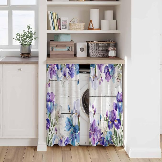 Spring Flowers Tier Curtains, Watercolor Garden Florals Wooden Grain Light