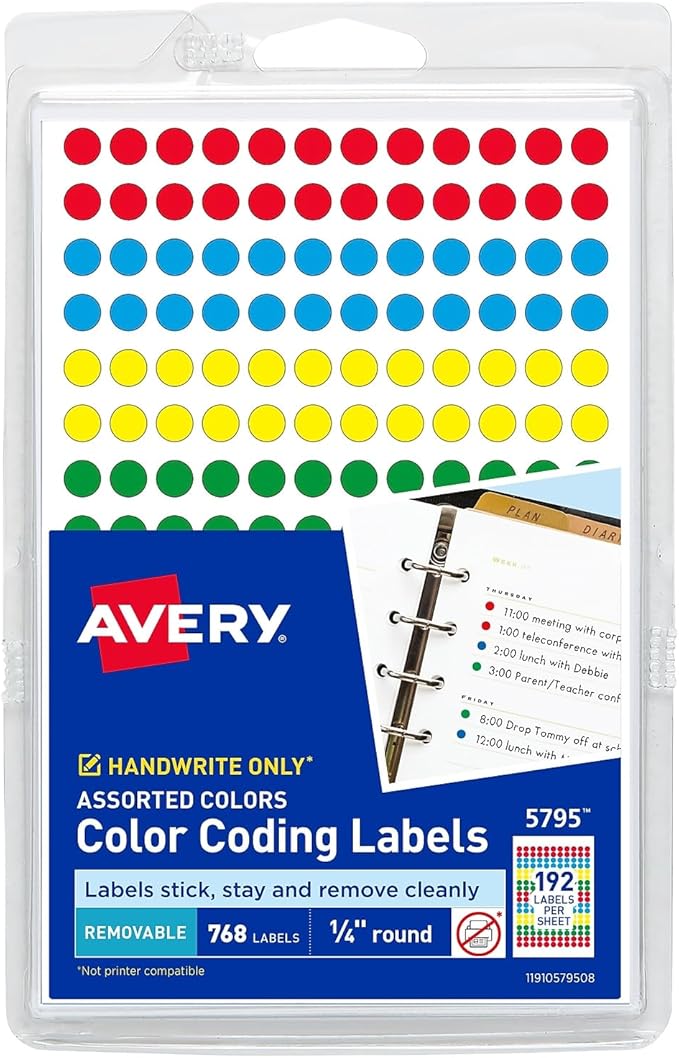 Avery 05795 Color Coding Labels, 1/4-Inch, Dia, Removable, 768/PK, Assorted