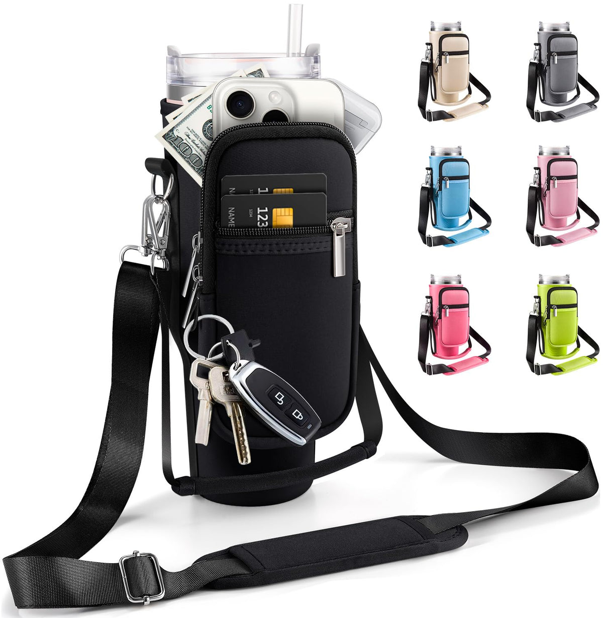 Carrier Bag with Phone Pocket for Stanley 40 oz Tumbler with Handle & Simple Modern 40oz Tumbler - Water Bottle Sling Sleeve Holder for Stanley Cup Accessories with Adjustable Shoulder & Hand Strap