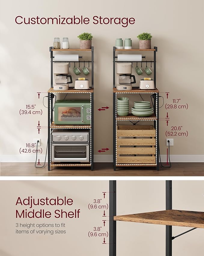 VASAGLE Kitchen Bakers Rack with Power Outlet, Coffee Bar 4-Tier with 8 S Hooks, Microwave Stand, Adjustable Shelf, for Small Spaces, 15.7 x 17.7 x 55.1 Inches, Rustic Brown and Ink Black UKKS013KD01