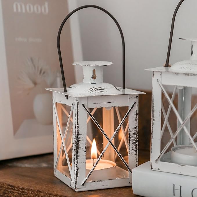 Kate Aspen Rustic Shelf Decor Luminous Vintage Tea Light Votive Candle Holders Metal Mini Decorative Lantern, Distressed White