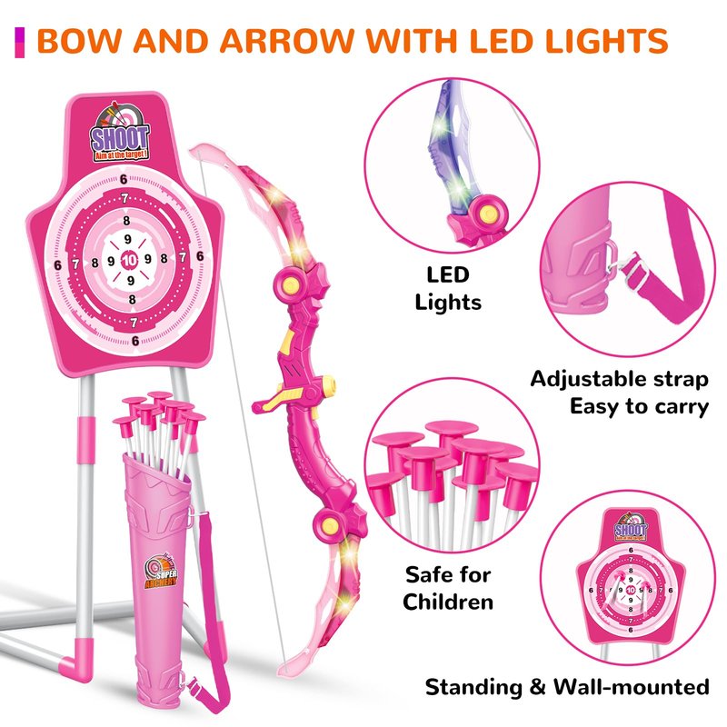 GMAOPHY 2 Pack Bow and Arrow Toy for 5 6 7 8 9 10 11 12 Year Old Boys, Birthday for Kids, Indoor Outdoor Sport Games Toys for Ages 4-8 8-12, LED Light Up Archery Set with 20 Toy Arrows (Pink)