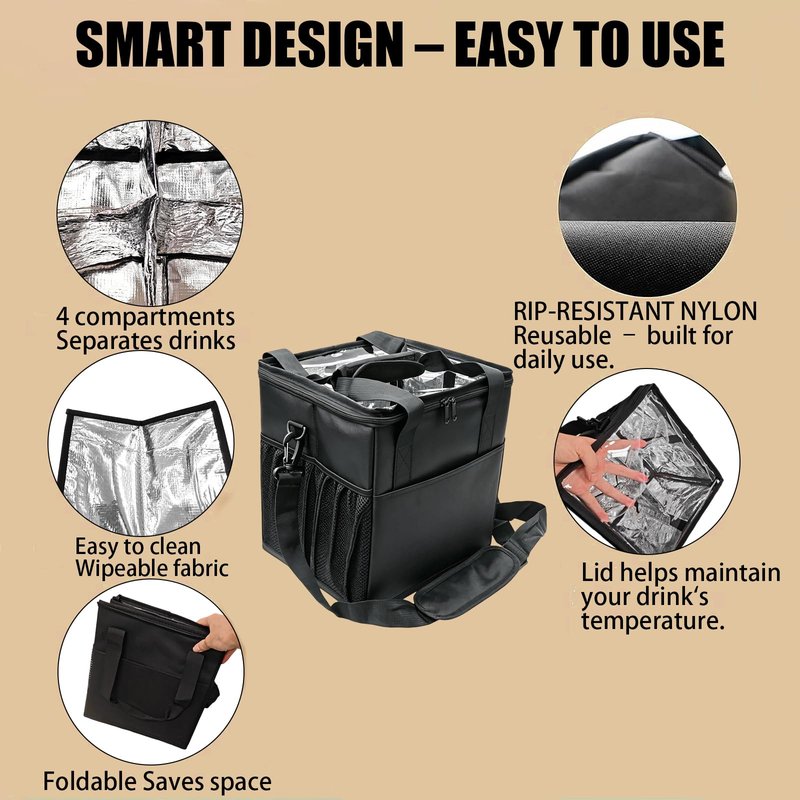 Reusable 4 Cup Insulated Drink Carrier Bag, Portable Coffee Cup Holder with Adjustable Shoulder Strap & Foldable Design, Water Bottle Caddy with Adjustable Dividers for Beverage, Travel & Delivery