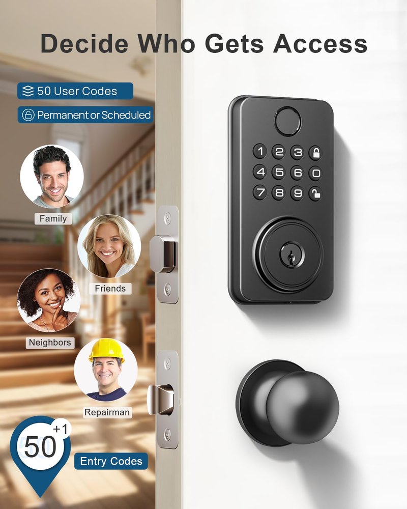 Fingerprint Door Lock with Handle, Smart Keyless Entry Door Lock with App, Stores 50 Fingerprints and 50 User Codes, IP65 Weatherproof Keypad Deadbolt for Front & Interior Doors, Auto-Lock, Black