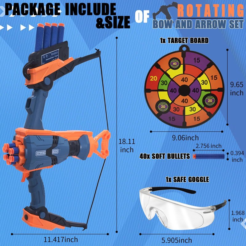Toy Bow and Arrow for Nerf Gun Bullets, 6-Dart Rotating Drum, Easy to Use, Durable ABS Construction, Includes Bow, 40 Darts, Target Board, Goggle for 14+ Age