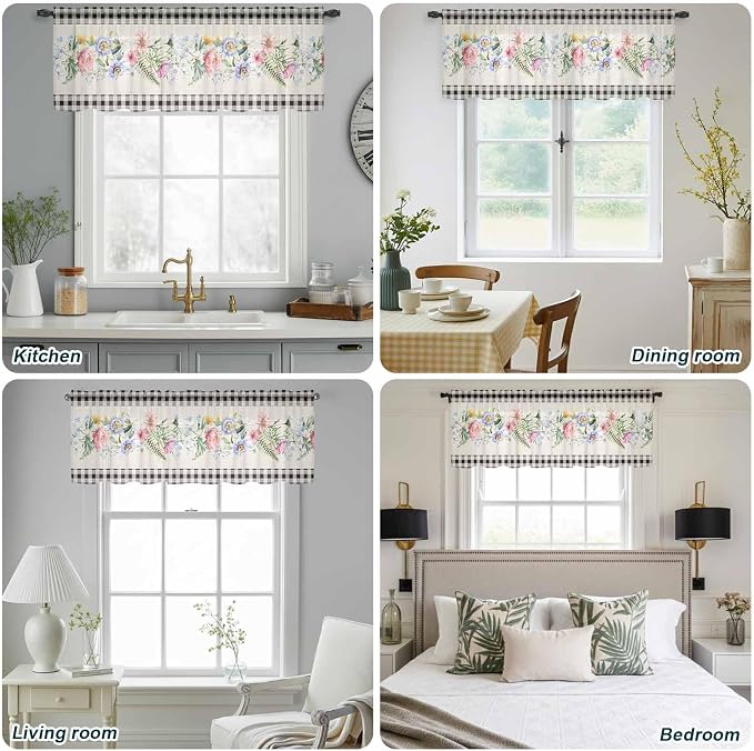 Blue Pink Floral Sheer Valance Curtains, Spring Summer Botanical Linen Black