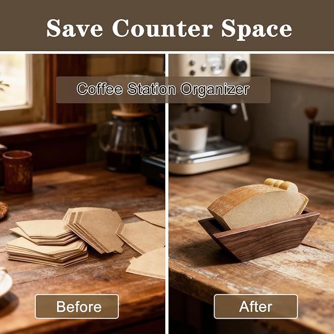 Coffee Filter Holder Magnetic, Solid Walnut Wood Coffee Filter Storage Organizer
