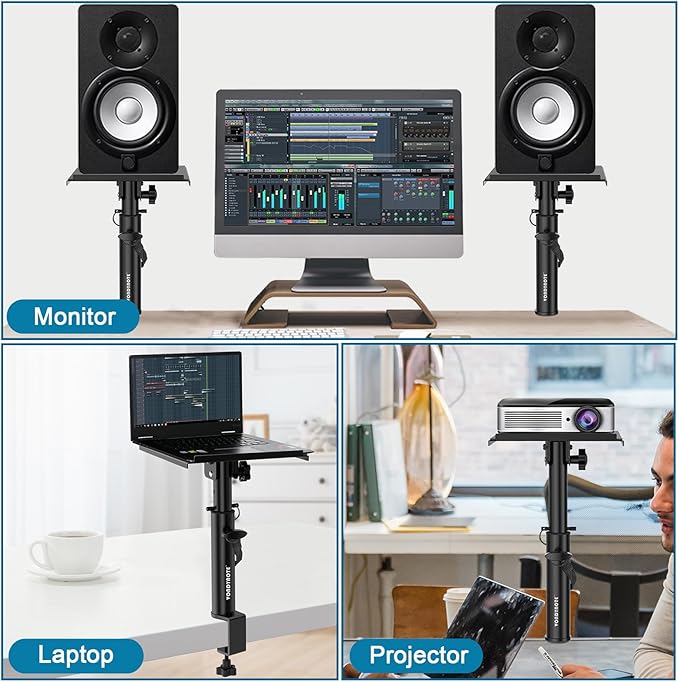Studio Monitor Stands Pair Heavy Duty Desk Clamp Speaker Stands with Adjustable Tilt Angle Tray of 0-12 °