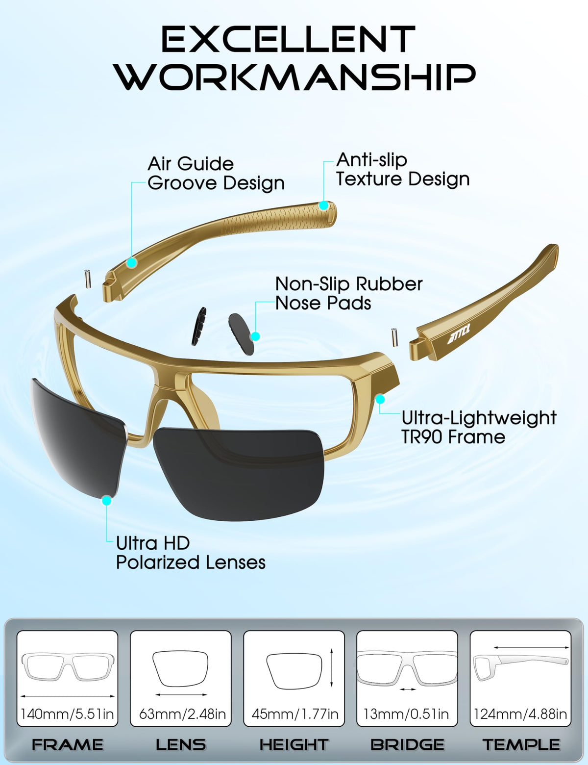 ATTCL Polarized Wrap Sunglasses For Men Cycling Driving Fishing Sports Glasses Ultralight 5001 Glod+Black