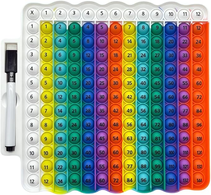 Educational e1 Multiplication Table pop Fidget Toy Rainbow Colors with Dry Erase Marker Stress Relieving Toy Memory Addition Game 3rd Grade pop 12x12 Rainbow Board Math manipulatives