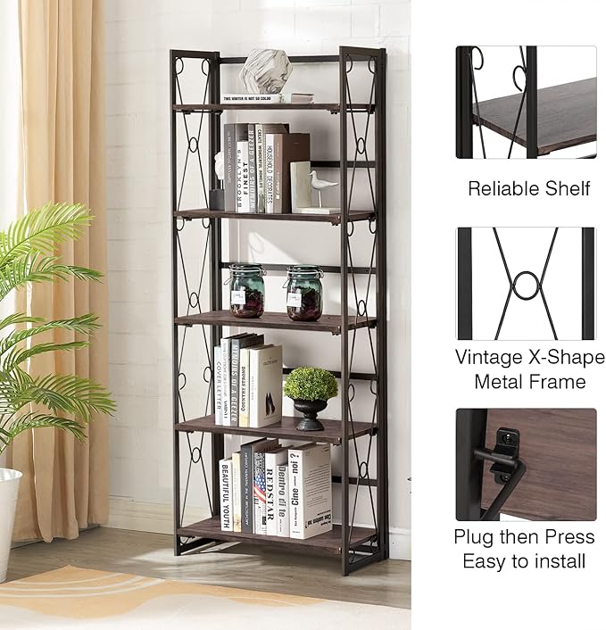 VECELO Folding Bookshelf, 5 Shelf Bookcase No Assembly, Industrial Metal Frame Shelves Rack Organizer for Living Room, Office,Walnut 1 Set