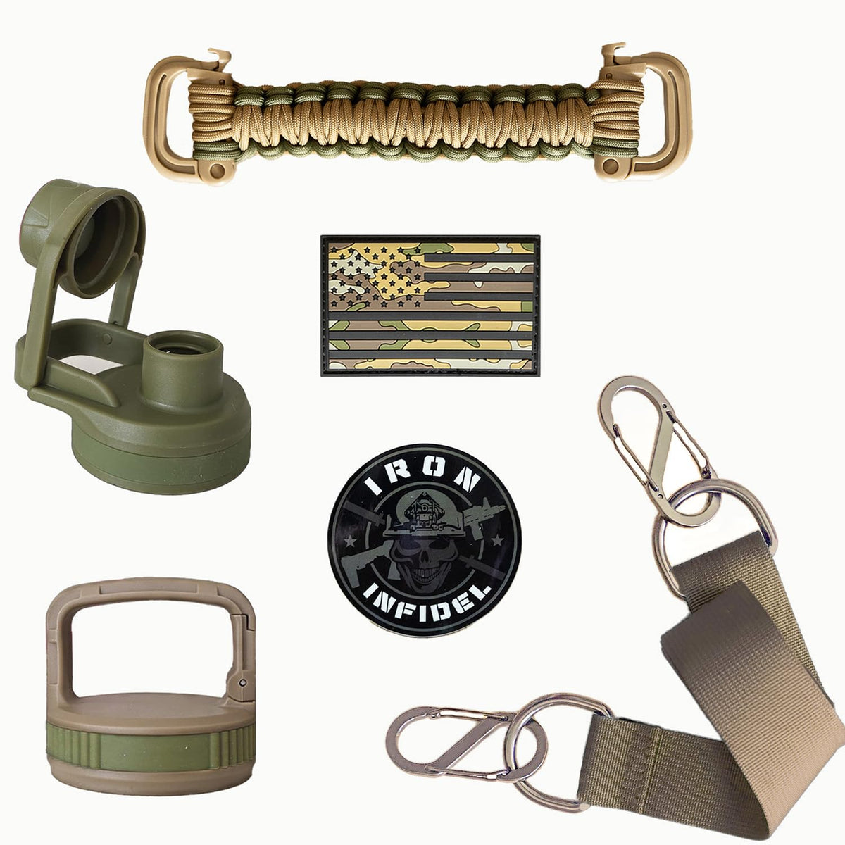 Iron Infidel Battle Pack - Accessories Kit for Battle Bottle - Water Bottle Cap Replacements for 64 Oz or 32 Oz | Wide Mouth Lid, Shoulder Strap, Paracord Handle, Morale Patch & Decal (Green/Tan)