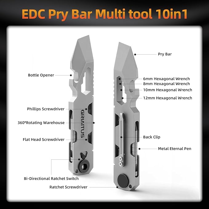 EDC Pry Bar Multitool with Bi-Directional Ratchet Screwdriver, Men Gifts