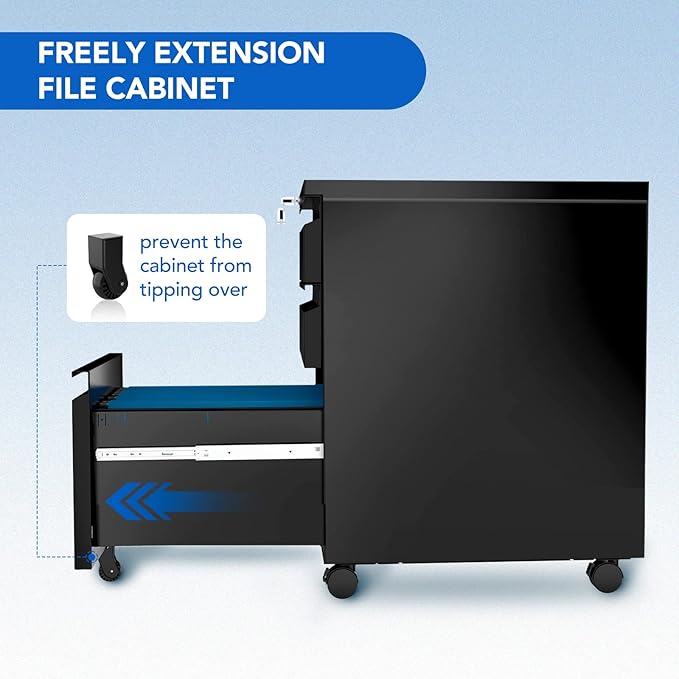FLEXISPOT 3-Drawer Metal Mobile Filing Cabinet for Home Office - Under Desk Storage with Lock Keys - Legal/Letter/A4 File Organizer - Fully Assembled Except Wheels - Black