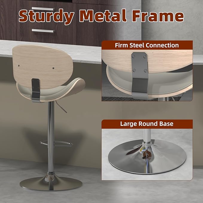 civama Bar Stools 1 PC for Kitchen Counter, Adjustable Bar Height Chairs, Modern Swivel Barstools with Bentwood Seat and Back with Footrest for Kitchen Island, Dining Room, Grey PU Leather