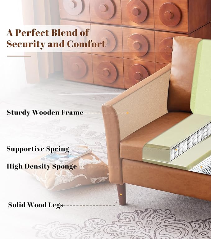 Kingfun Faux Leather 2 Seat Couch for Living Room, Mid Century Modern Sofa with Rolled Arms and Deep Seats, Fluffy Comfort for Apartment, Easy to Assemble, Mid Brown