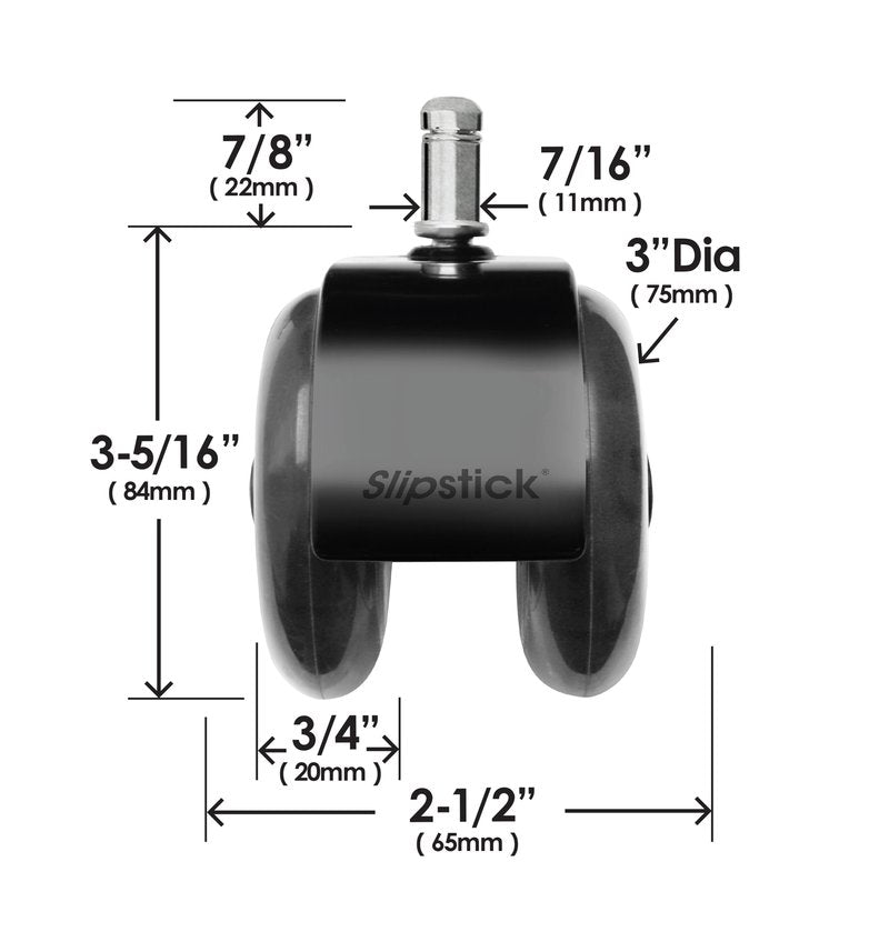Monster 3” Dual Rollerblade Office Chair Wheels (Set of 5) Slipstick Premium Rubber Caster Wheels for Chairs, Smooth & Safe Rolling on All Flooring