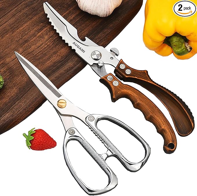 AUDAMI 2-Piece Kitchen Shears Set, Heavy Duty Professional Poultry Meat Scissors,Multi-Purpose Stainless Steel, Dishwasher Safe