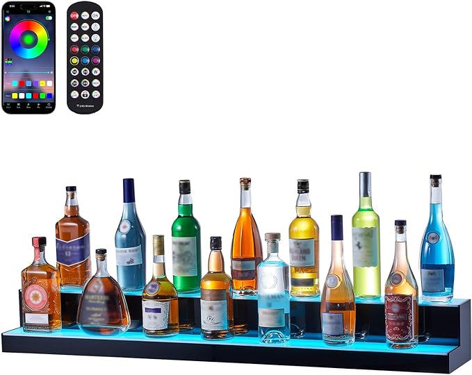VEVOR LED Lighted Liquor Bottle Display, 2 Tiers 48 Inch Commercial Illuminated Home Bar Shelf, 2 Steps Whiskey Rack Stand, Acrylic Drink Shelves with RF Remote & App Control, and Multicolor Light