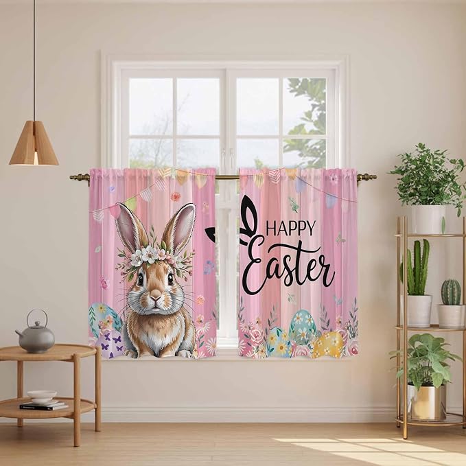 Easter Kitchen Curtains, Spring Rabbit Eggs Flowers Flags Leaves Wood Grain