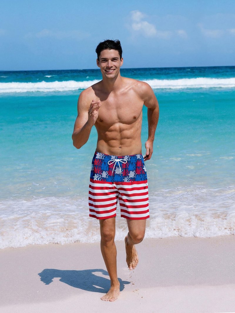 SURF CUZ Mens Swim Trunks with Compression Liner Quick Dry Swim Shorts 7" Swimming Trunks Stretch Bathing Suit 7 Inch,American Flag,M