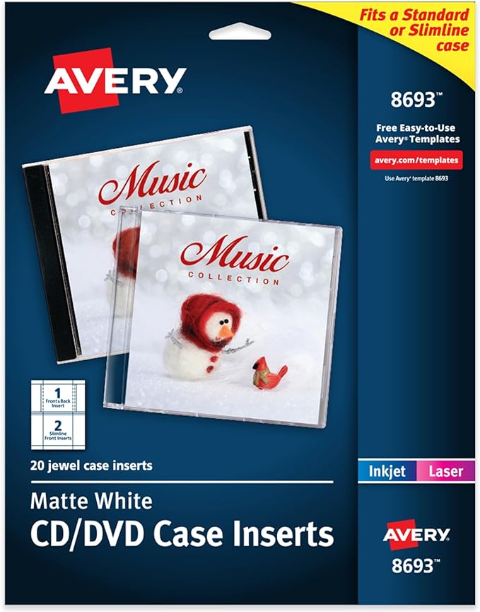 Avery Printable CD Jewel Case Inserts, Matte White, Laser & Inkjet Printer Compatible, 20 Standard and Slimline Inserts, Ideal for CDs, DVDs, Presentations, Portfolios, and More (8693)