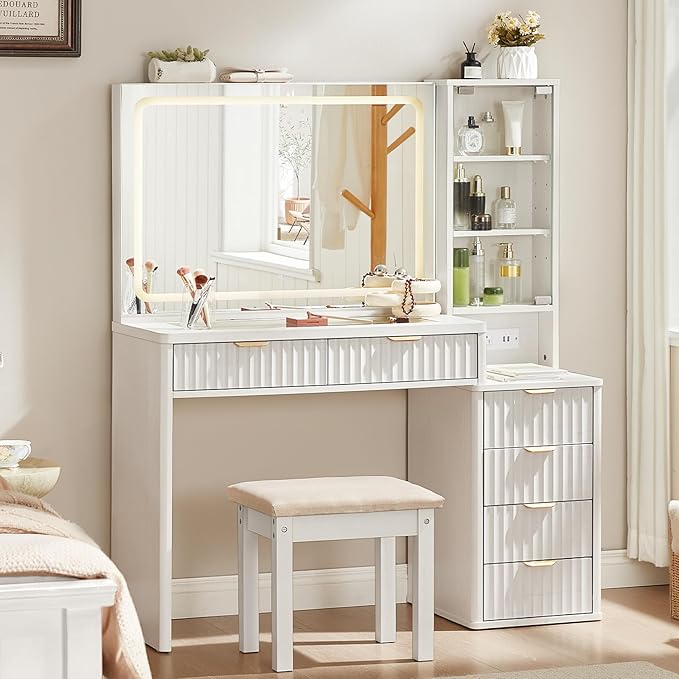 LEYAOYAO White Vanity Desk with Mirror and Lights, 43.5'' Fluted Makeup Vanity with 6 Drawers, Make Up Vanity with Wood Grain, Dressing Table with Glass Top and Power Outlet for Bedroom-Non Pure White