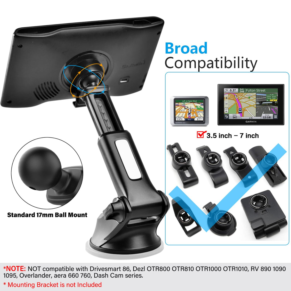 1Zero GPS Suction Cup Mount for Garmin [Quick Extension Arm], Replacement GPS Dash Ball Mount Dashboard Windshield Car Holder for Garmin Nuvi Dezl Drive Drivesmart Zumo Driveassist DriveLuxe RV