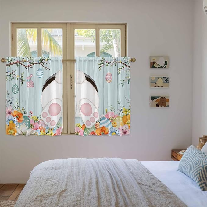 Easter Bunny Kitchen Curtains 45 Inch Long 2 Panel Set, Rod Pocket Window