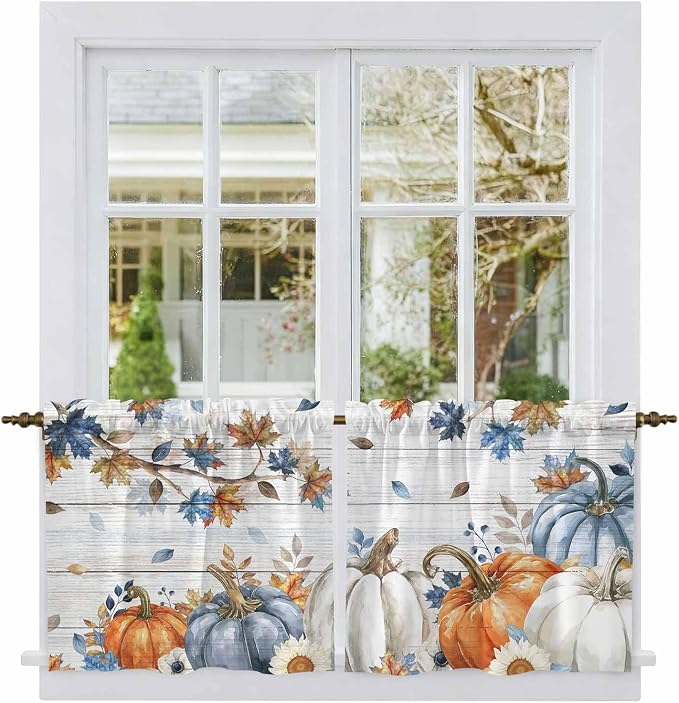 Thanksgiving Pumpkin Kitchen Tier Curtains 36 Inch Long 2 Panel Set, Rod Pocket