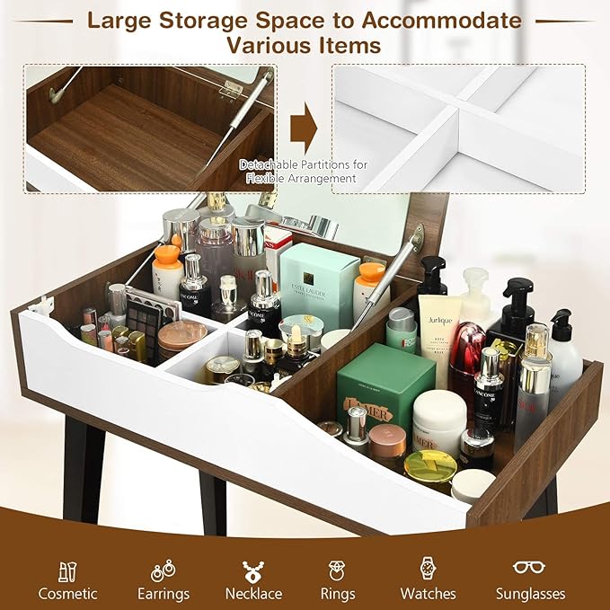CHARMAID Vanity Desk with Flip Top Mirror, Storage Compartments, Removable Dividers, Bedroom Makeup Dressing Table, Wooden Vanity Set Writing Desk with Stool for Kids Girls Women