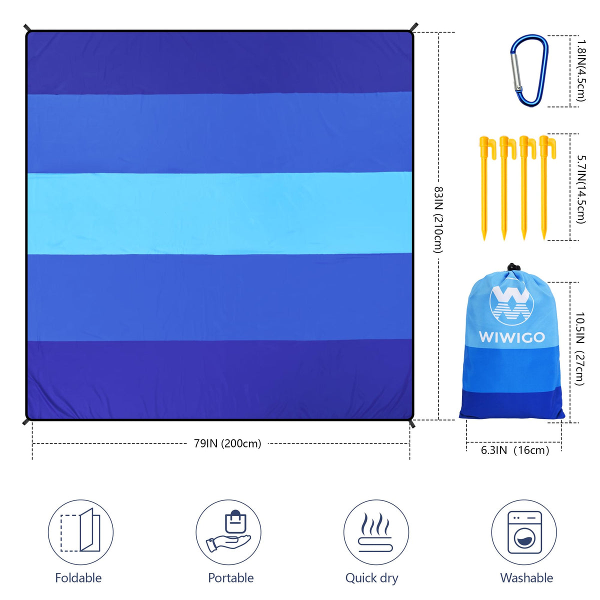 WIWIGO Beach Blanket Waterproof Sandproof Beach Mat 79" X 83"/10'x9'for 2-8 Adults Quick Drying Outdoor Picnic Mat Beach Accessories for Travel, Camping, Hiking